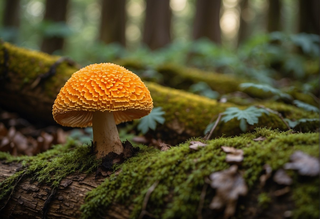 A vibrant false chicken of the woods mushroom with bright orange and yellow hues growing on the side of an old decaying tree trunk in a lush forest setting