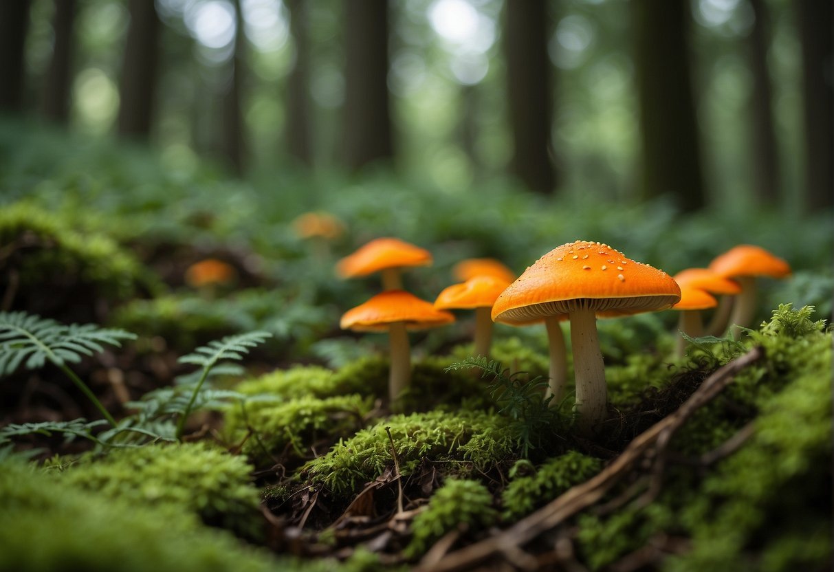 Lush forest floor with vibrant orange shelf-like fungi, surrounded by green foliage. Warning signs and caution tape nearby