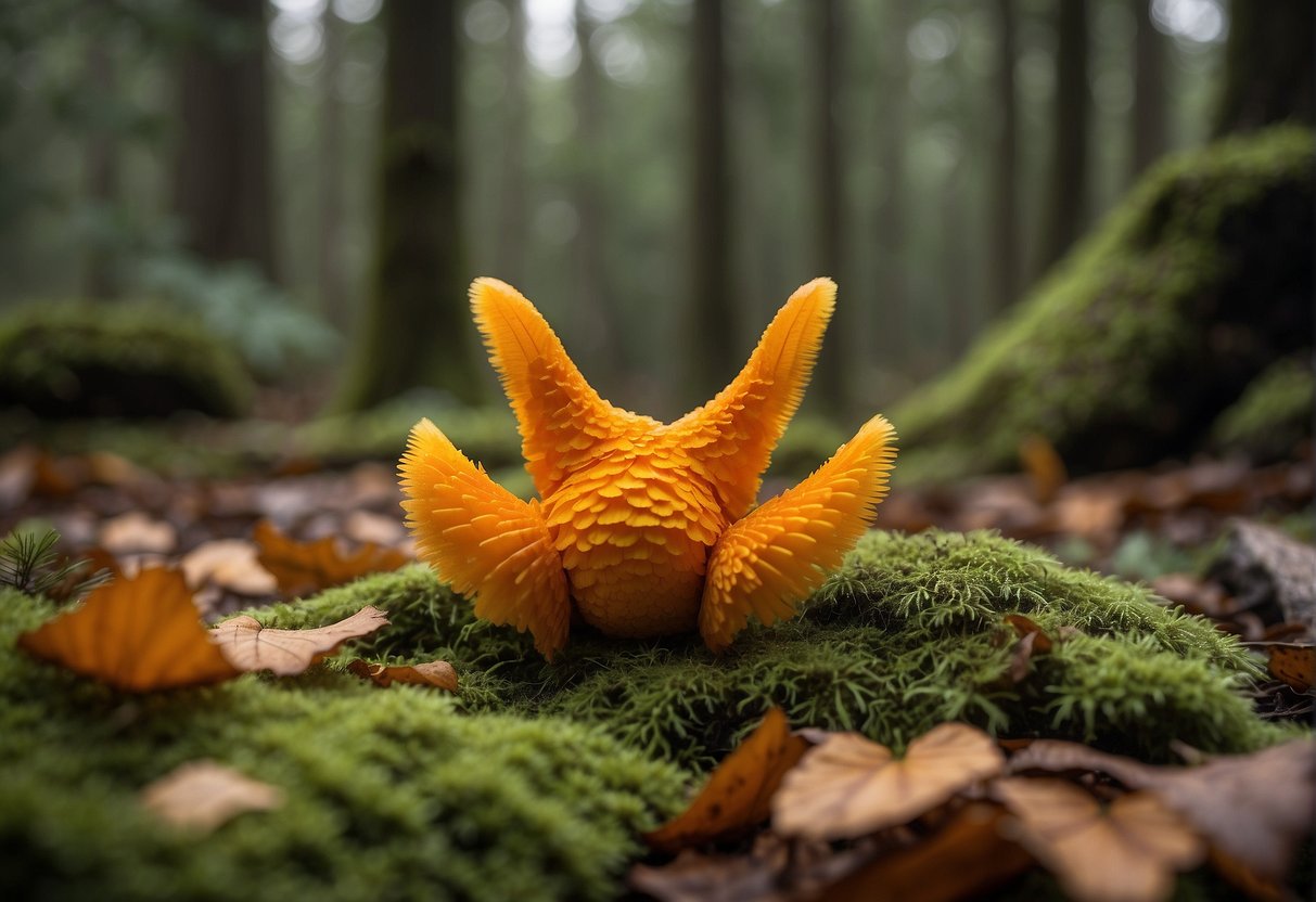 Vibrant orange and yellow false chicken of the woods nestled among moss and fallen leaves in a dense forest. Surrounding vegetation suggests a lush, damp environment