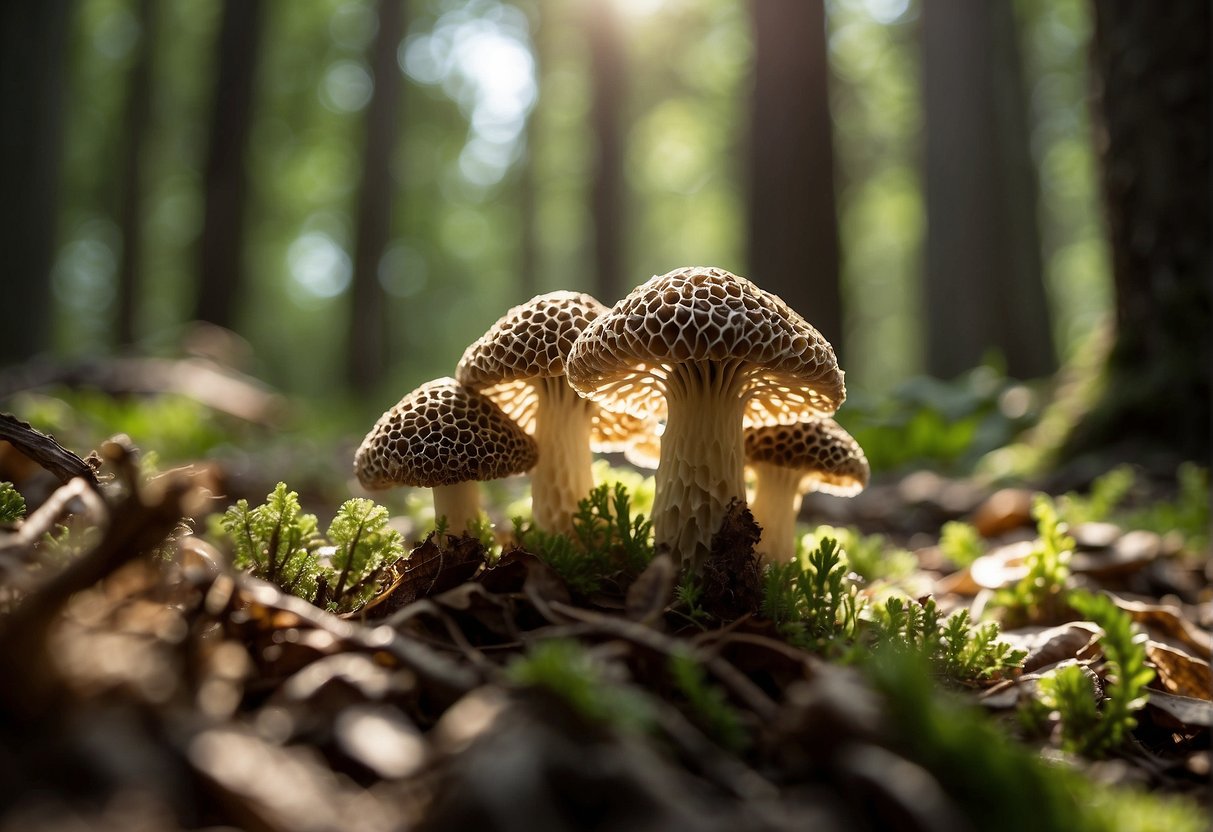 A cluster of morel mushrooms sprout from the forest floor, their honeycomb-like caps reaching towards the dappled sunlight filtering through the trees