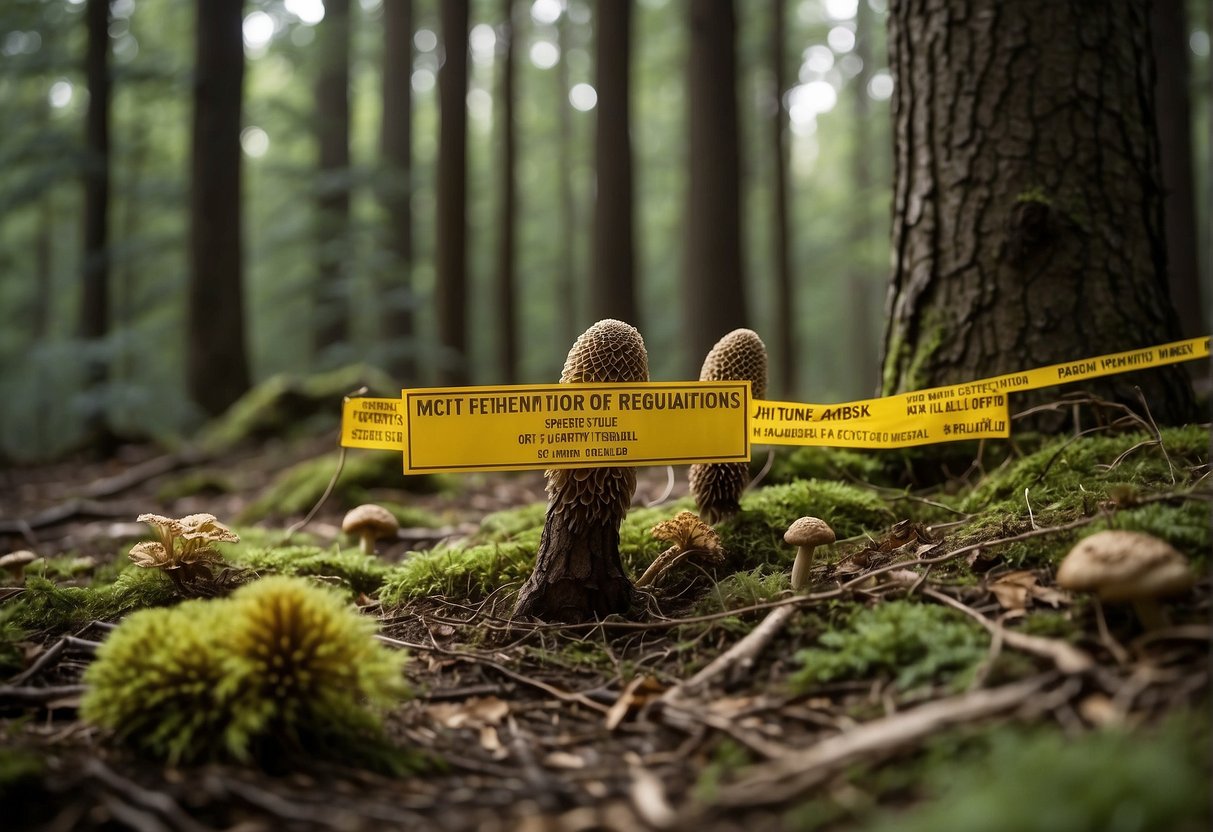 A forest floor with a cluster of morel mushrooms surrounded by caution tape and a sign listing safety regulations