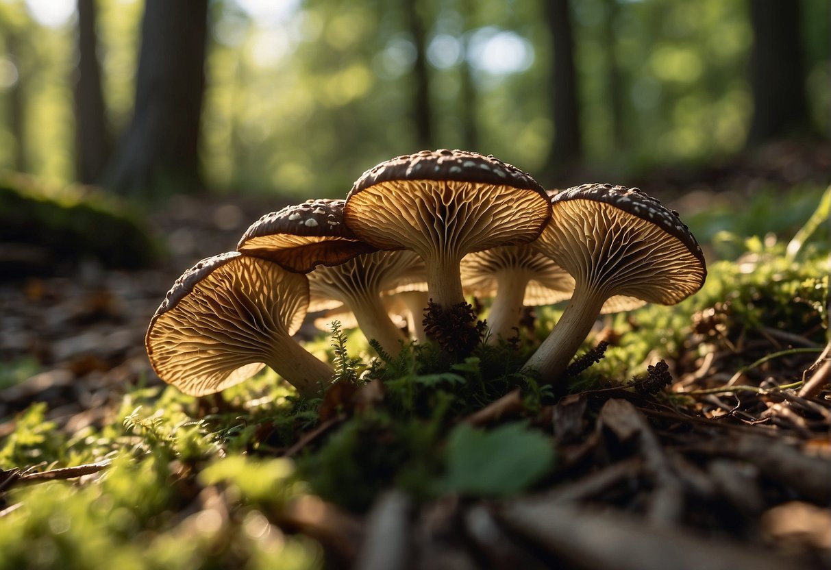 Lush forest floor with scattered morel mushrooms in Ohio. Sunlight filters through the trees, casting dappled shadows