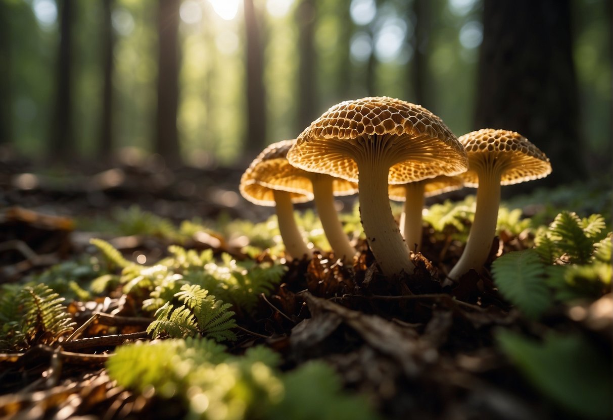 Sunlight filters through the dense forest canopy, illuminating the forest floor. Morel mushrooms emerge from the leaf litter, their distinctive honeycomb caps standing out against the earthy backdrop