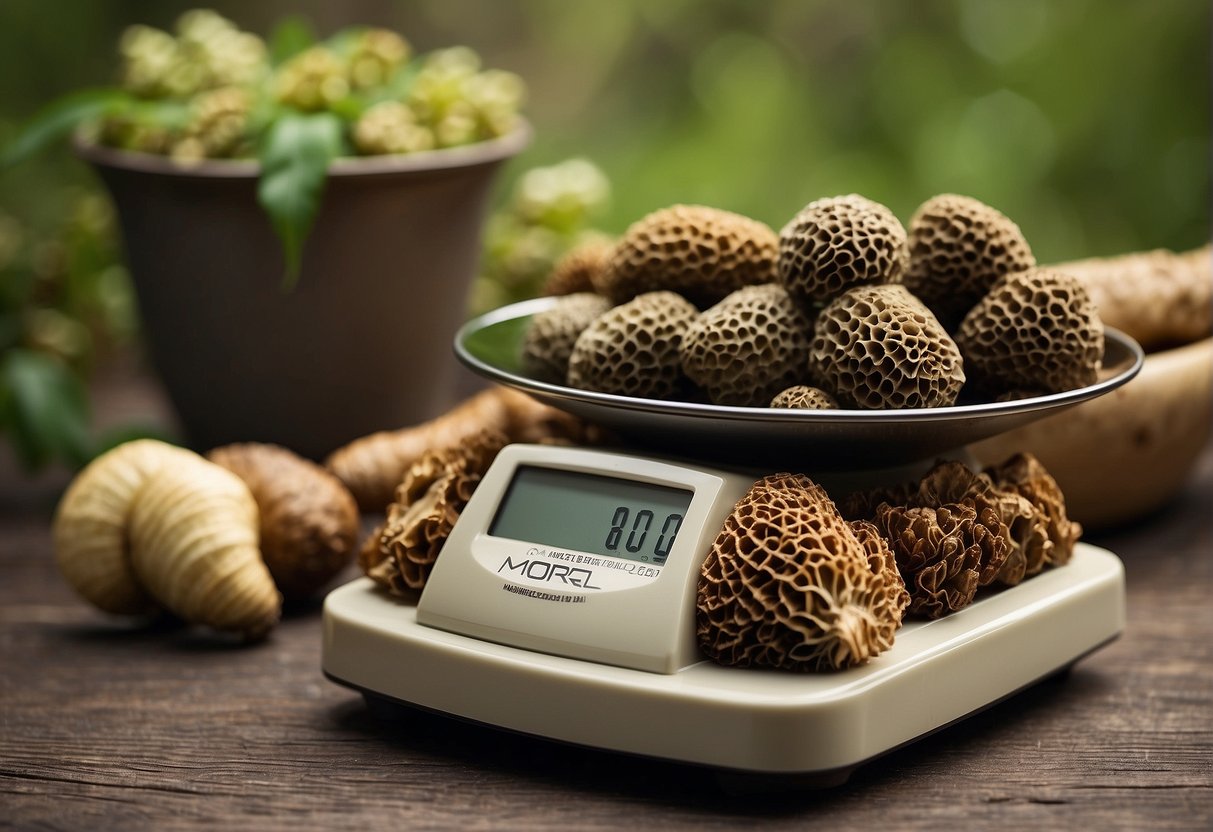 A scale displaying the price of morel mushrooms per pound, with a pile of fresh morels beside it