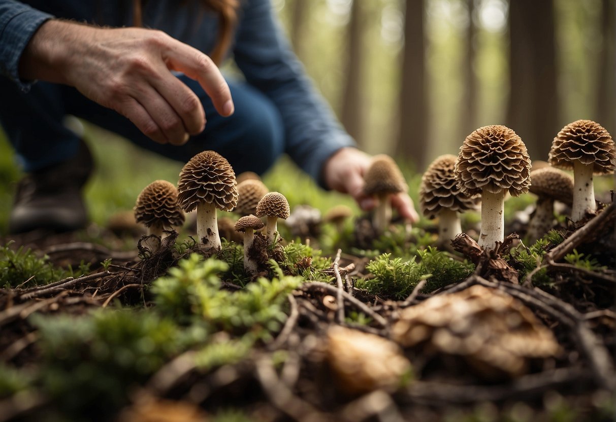 A person picking morel mushrooms in a forest, with a scale showing the price per pound nearby