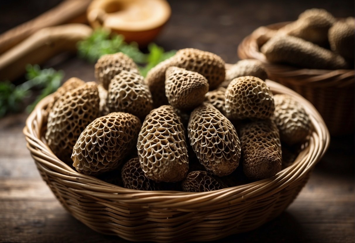 Morels are stored in a wicker basket, then washed and sliced. They are then cooked in a sizzling pan