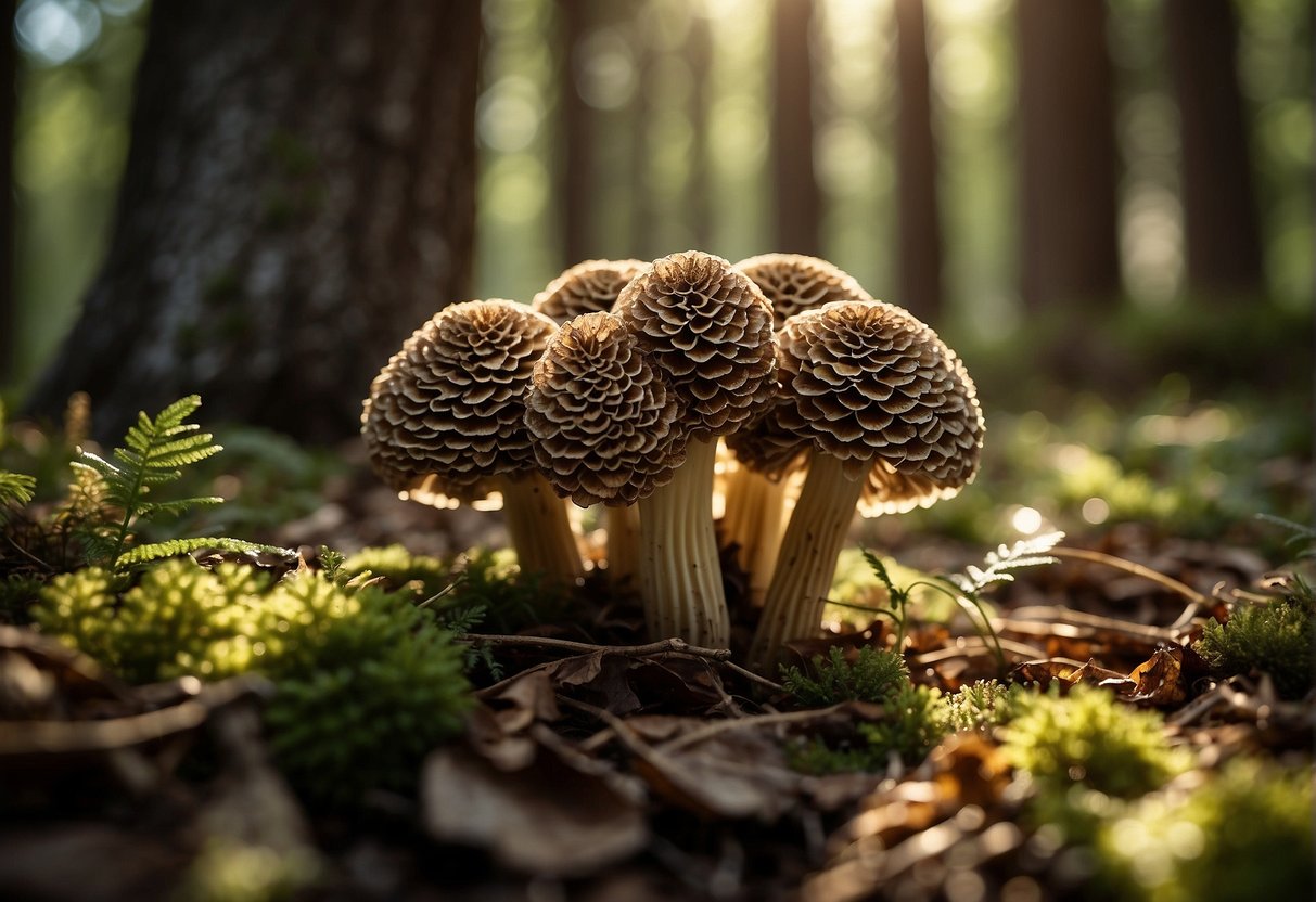 A cluster of morel mushrooms sits on a bed of forest floor, with dappled sunlight filtering through the trees above