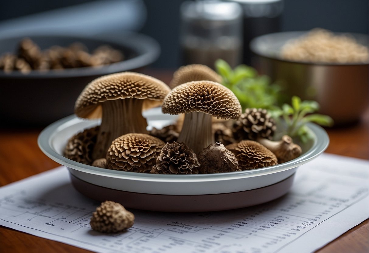 Morel mushrooms sit on a scale, next to a chart showing economic factors. Prices fluctuate
