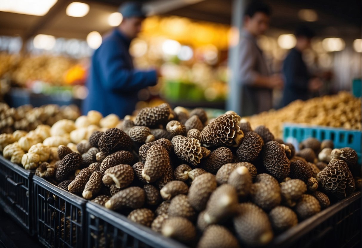 A bustling market with vendors selling fresh morel mushrooms at high prices per pound, showcasing the culinary demand for this prized ingredient