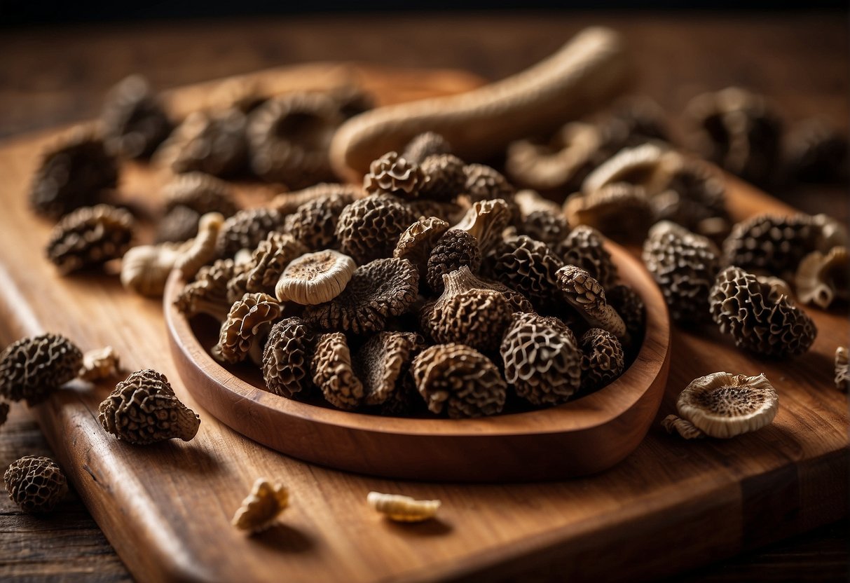 Dried morel mushrooms scattered on a wooden cutting board