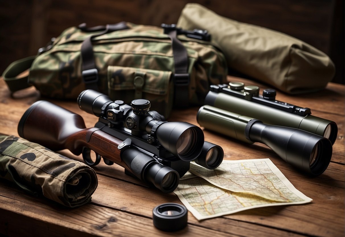 Hunting gear laid out on a wooden table with a rifle, ammunition, camouflage clothing, and a map of nearby hunting locations