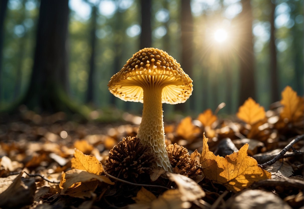 A vibrant yellow morel mushroom stands tall in a forest clearing, surrounded by fallen leaves and dappled sunlight