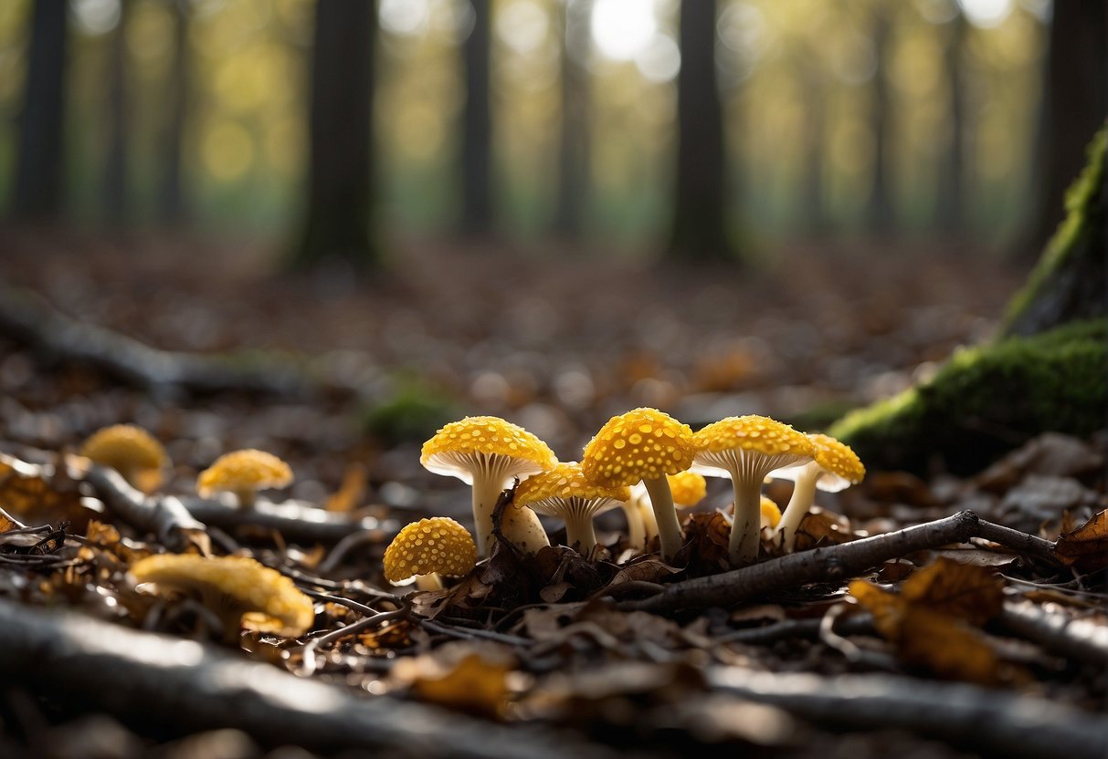 A forest floor covered in decaying leaves and fallen branches, with patches of sunlight filtering through the trees. A cluster of yellow morel mushrooms sprouting from the damp earth