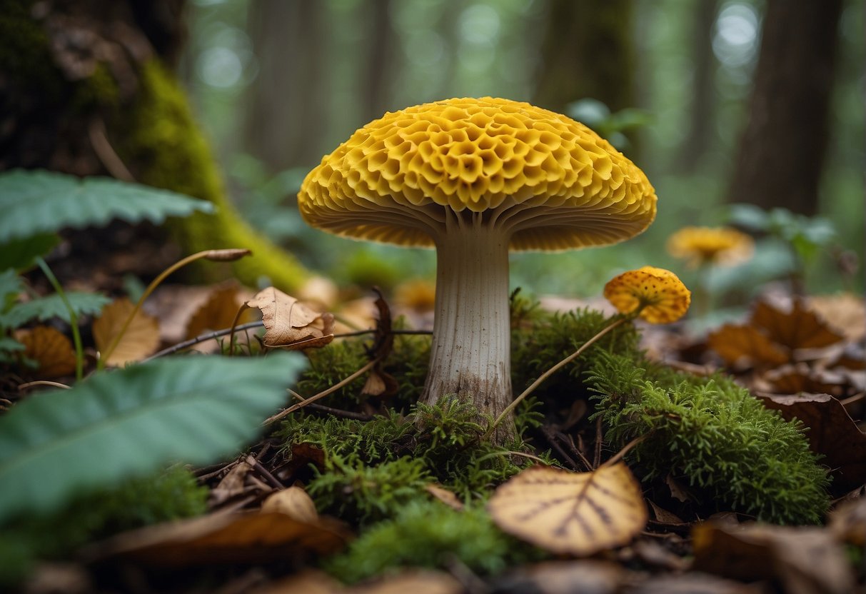 A yellow morel mushroom grows among fallen leaves in a lush forest, surrounded by diverse plant life and small animals