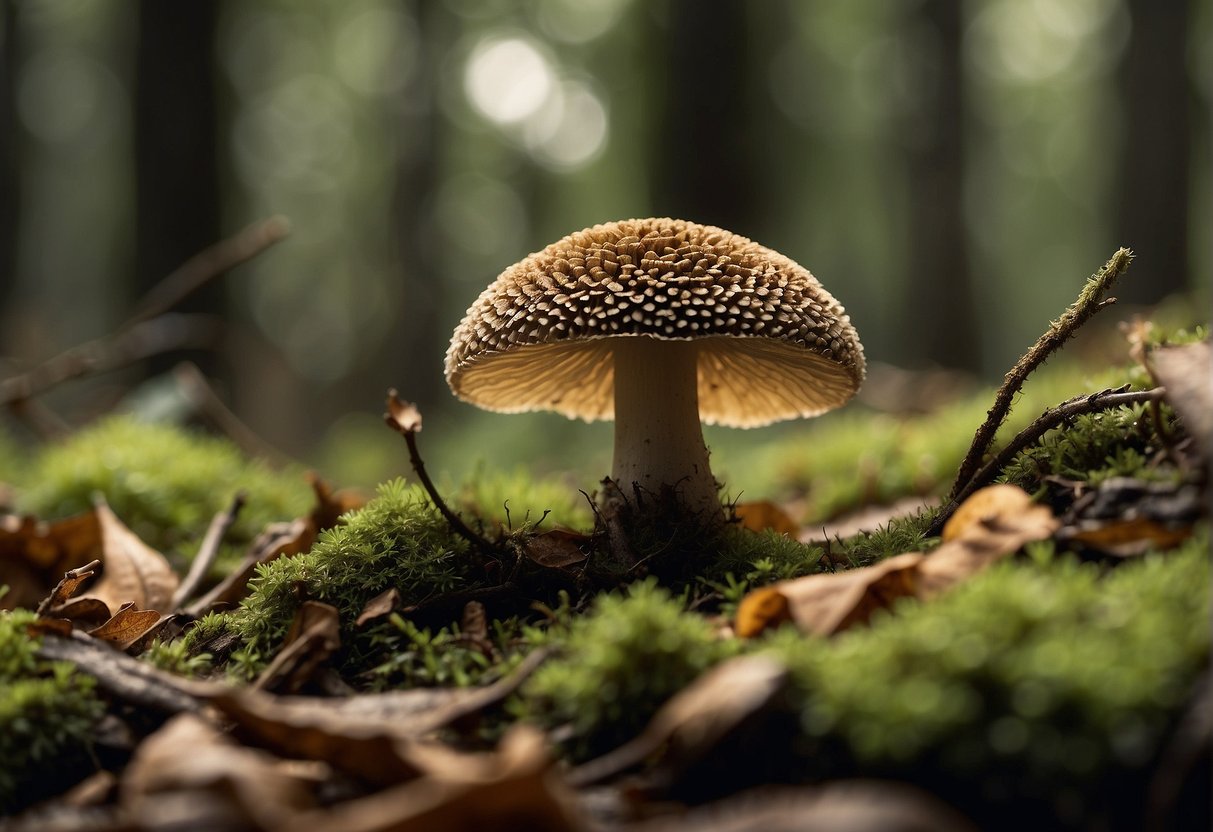 A forest floor with fallen leaves, moss, and scattered twigs. A cluster of morel mushrooms peeking out from the underbrush