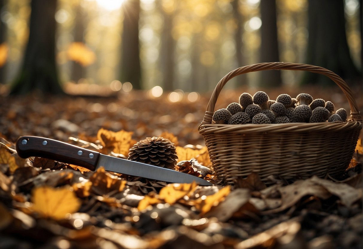 Sunlight filters through the forest canopy onto a bed of fallen leaves. A basket and knife lay ready beside a cluster of morel mushrooms