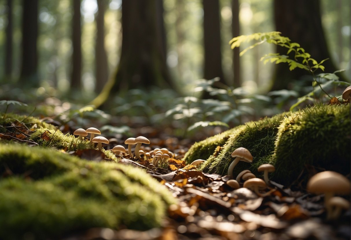 Lush forest floor with scattered mushrooms, dappled sunlight filtering through the trees. Fallen leaves and twigs crunch underfoot