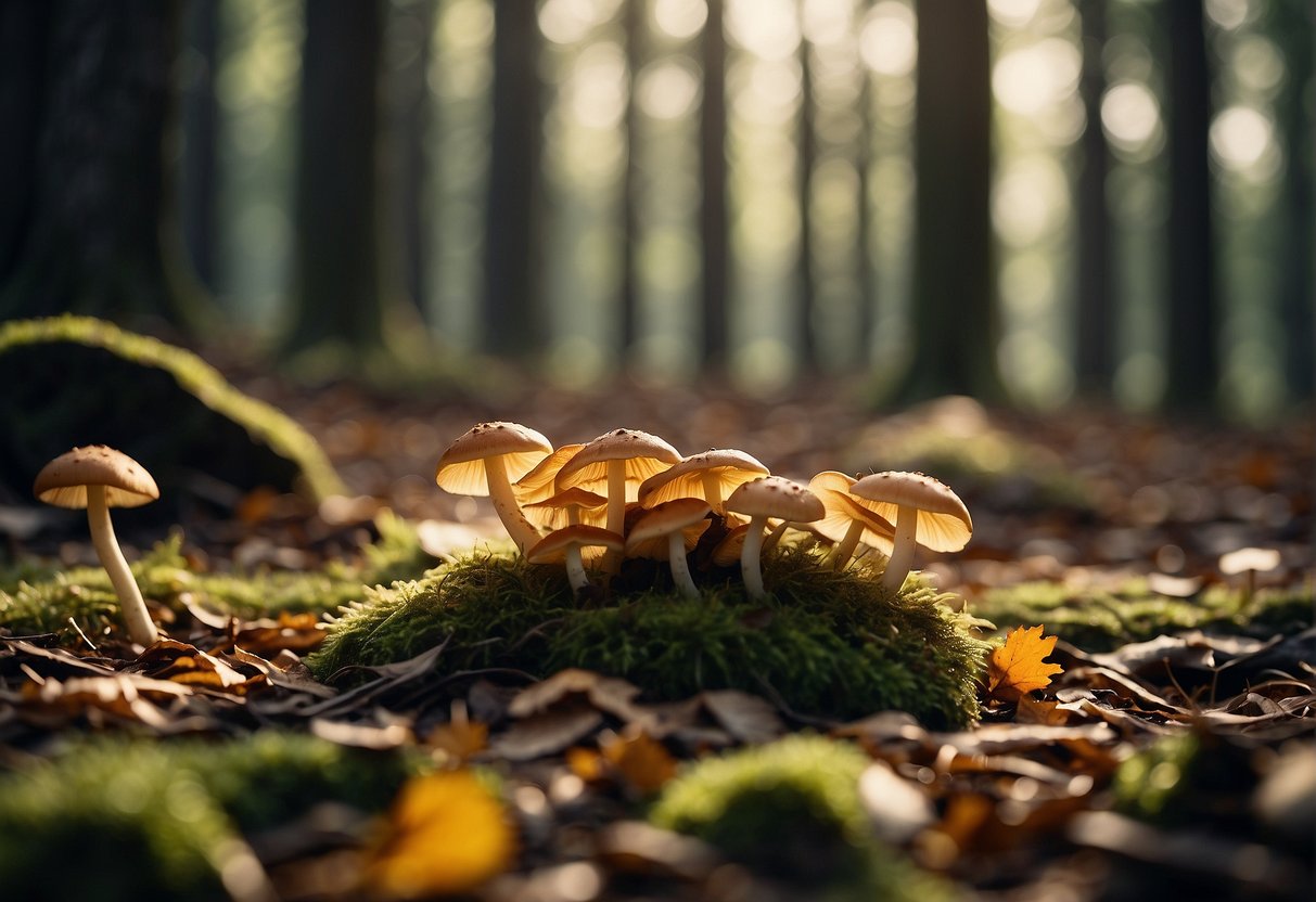 A forest floor with fallen leaves and scattered mushrooms, surrounded by tall trees and dappled sunlight