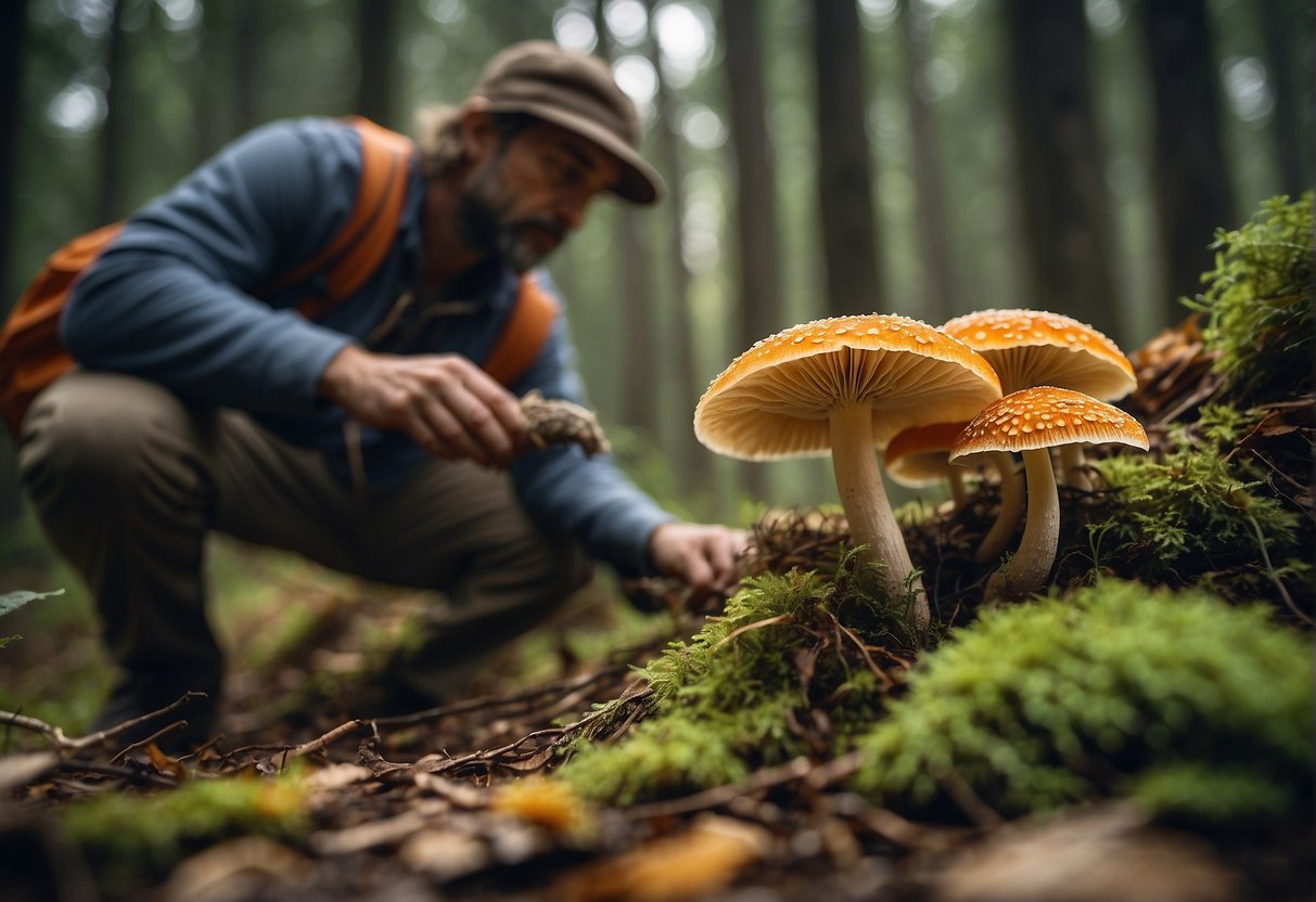 Mushroom hunter identifies, harvests fungi in forest