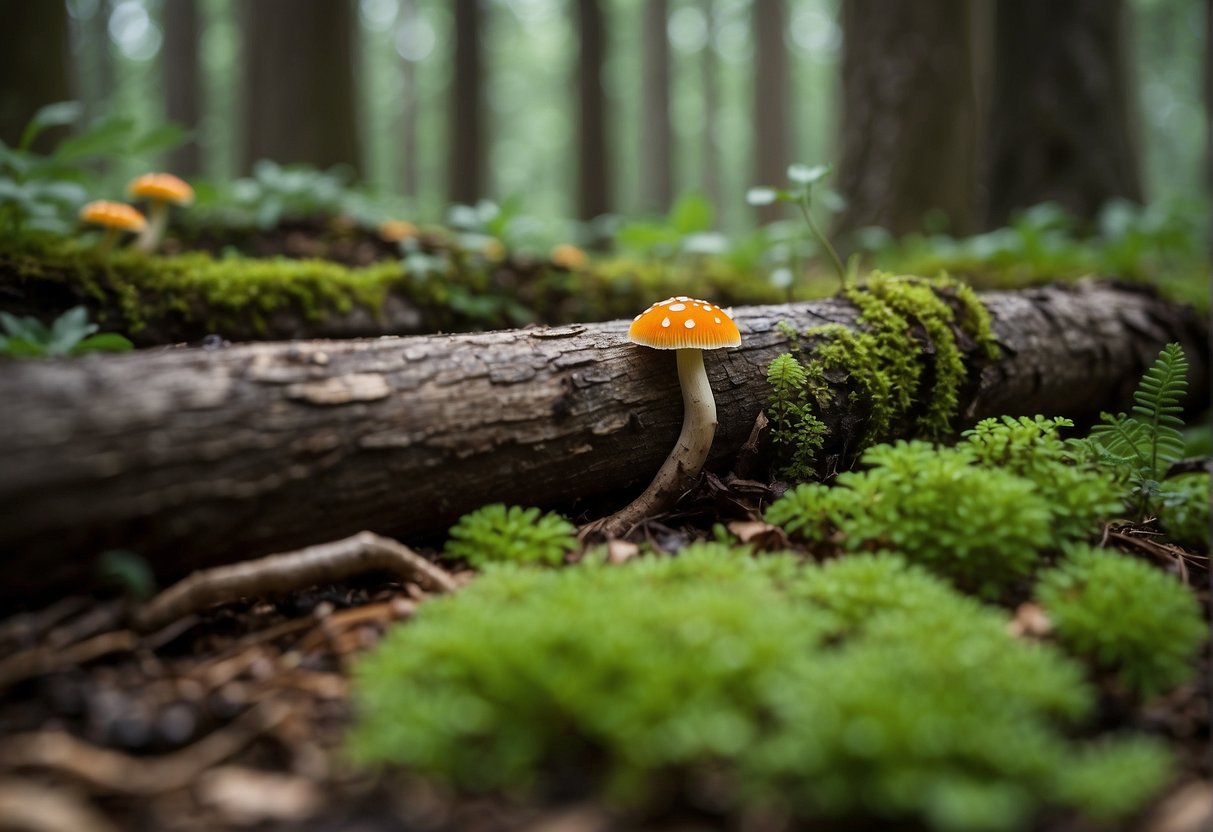 Lush forest floor with diverse plant life, fallen logs, and damp soil. Various types of mushrooms sprout from the ground, creating a rich and vibrant ecosystem