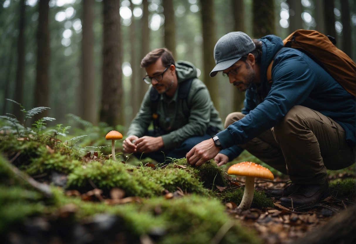 Mushroom hunters exploring forest floor, gathering diverse fungi, sharing knowledge and excitement