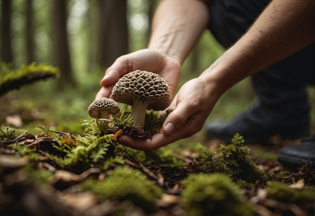 A hand reaches out to pick a morel mushroom from the forest floor