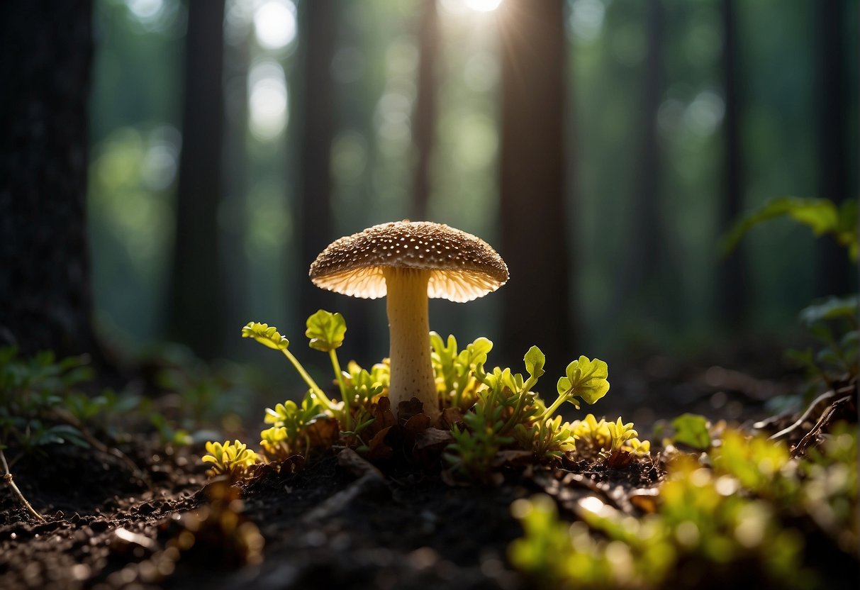 Sunlight filters through the forest canopy, illuminating a patch of damp earth. Morel mushrooms sprout from the ground, their distinctive honeycomb pattern standing out against the dark soil