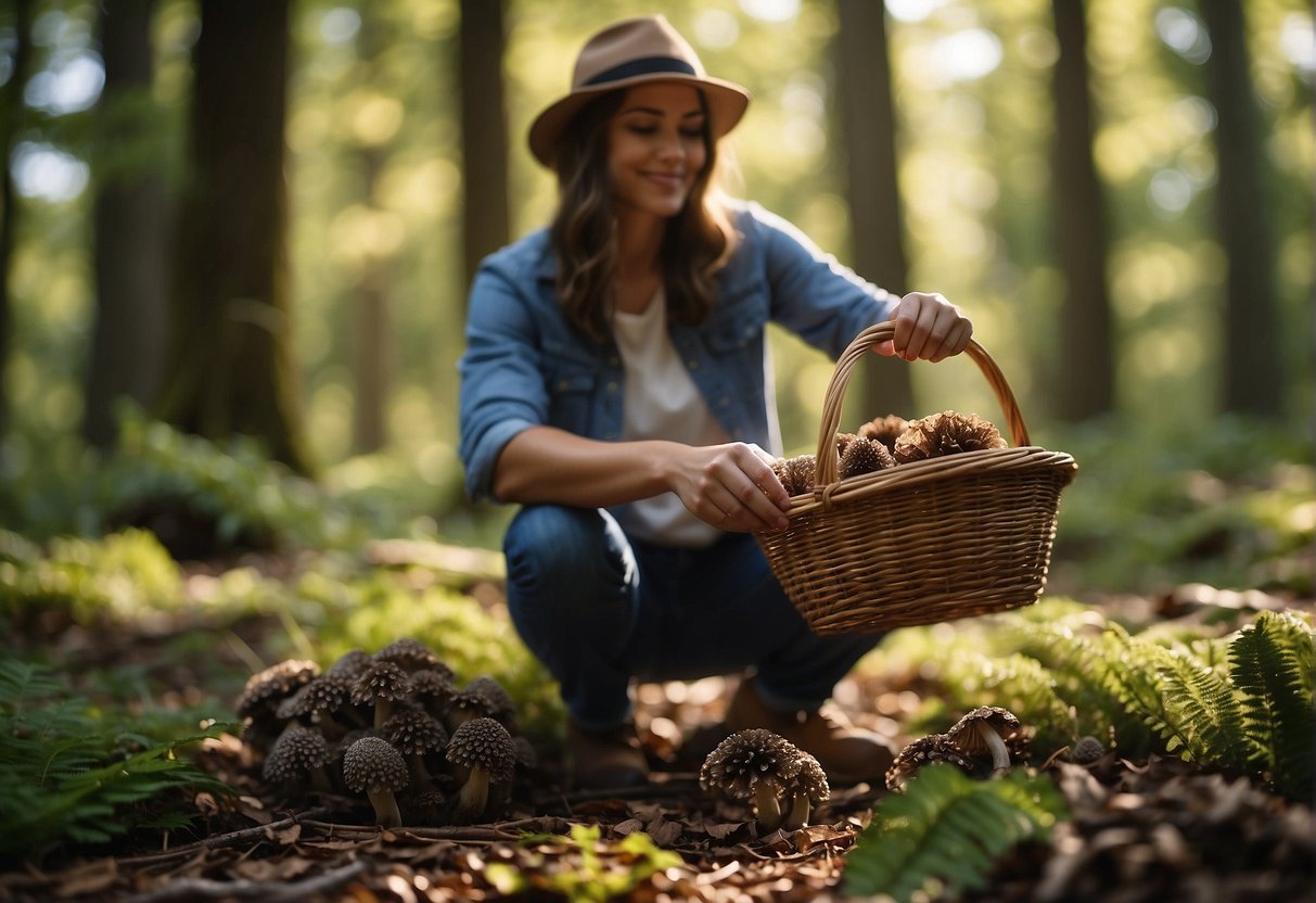 Person collecting morel mushrooms in a lush forest. Baskets full of mushrooms. Trees in the background. Sunshine filtering through the leaves