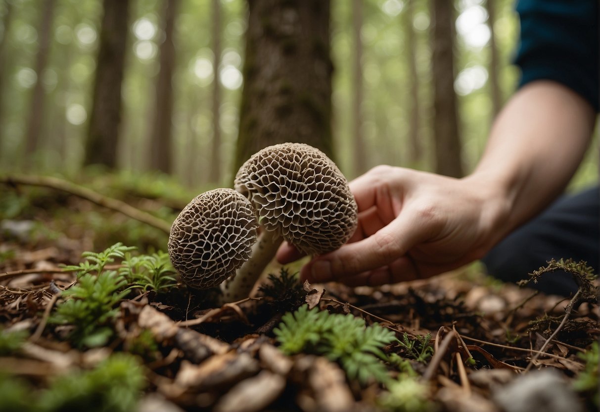 A hand reaches out to carefully pick a morel mushroom from the forest floor, following safety tips for foraging