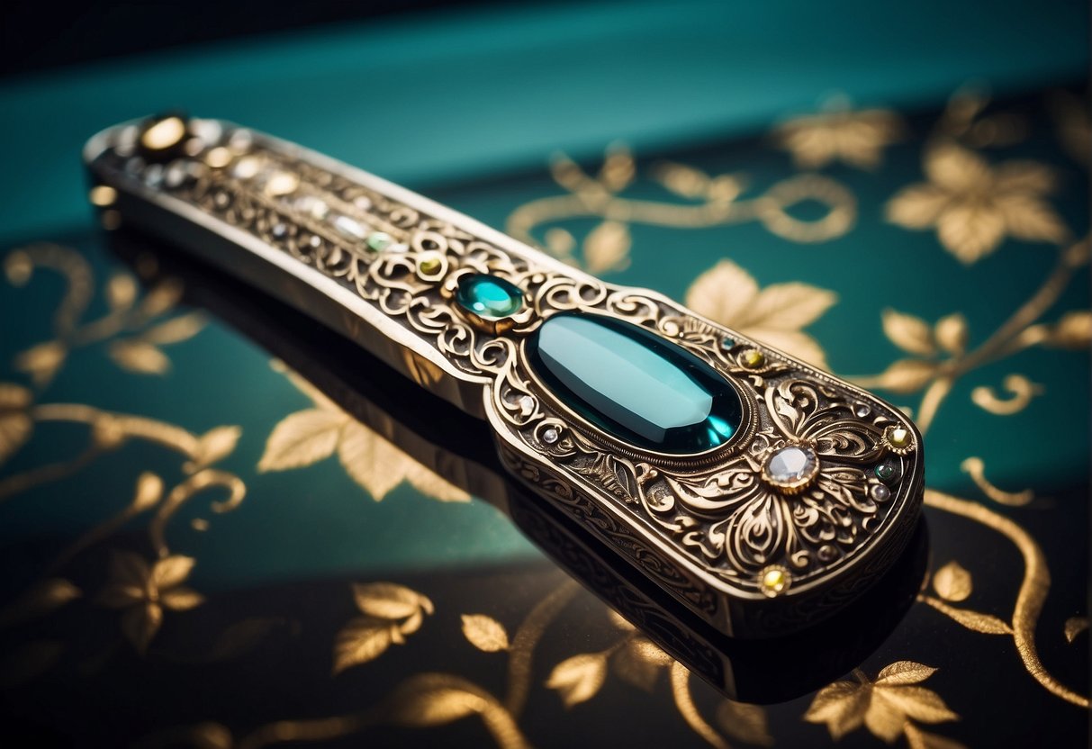 An ornate antique pocket knife gleams under soft light, adorned with intricate engravings and shimmering gemstones