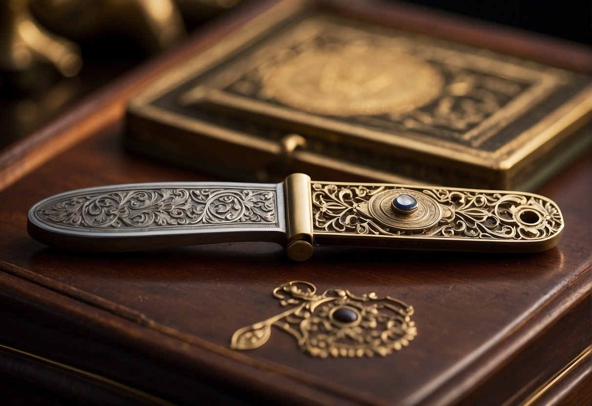 An ornate antique pocket knife displayed in a glass case, surrounded by historical artifacts. Its intricate design and craftsmanship hint at its high value