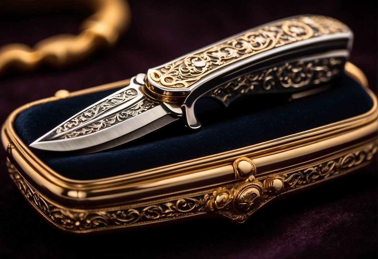 An antique pocket knife, intricately detailed with gold and silver, resting on a velvet-lined display case