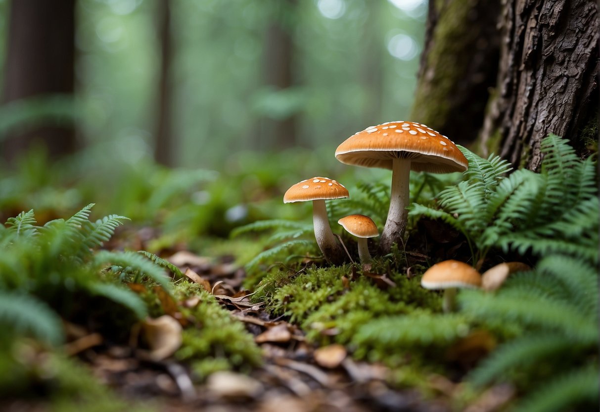 A forest floor in MN is carpeted with various edible mushrooms in different shapes and sizes, surrounded by ferns and fallen leaves