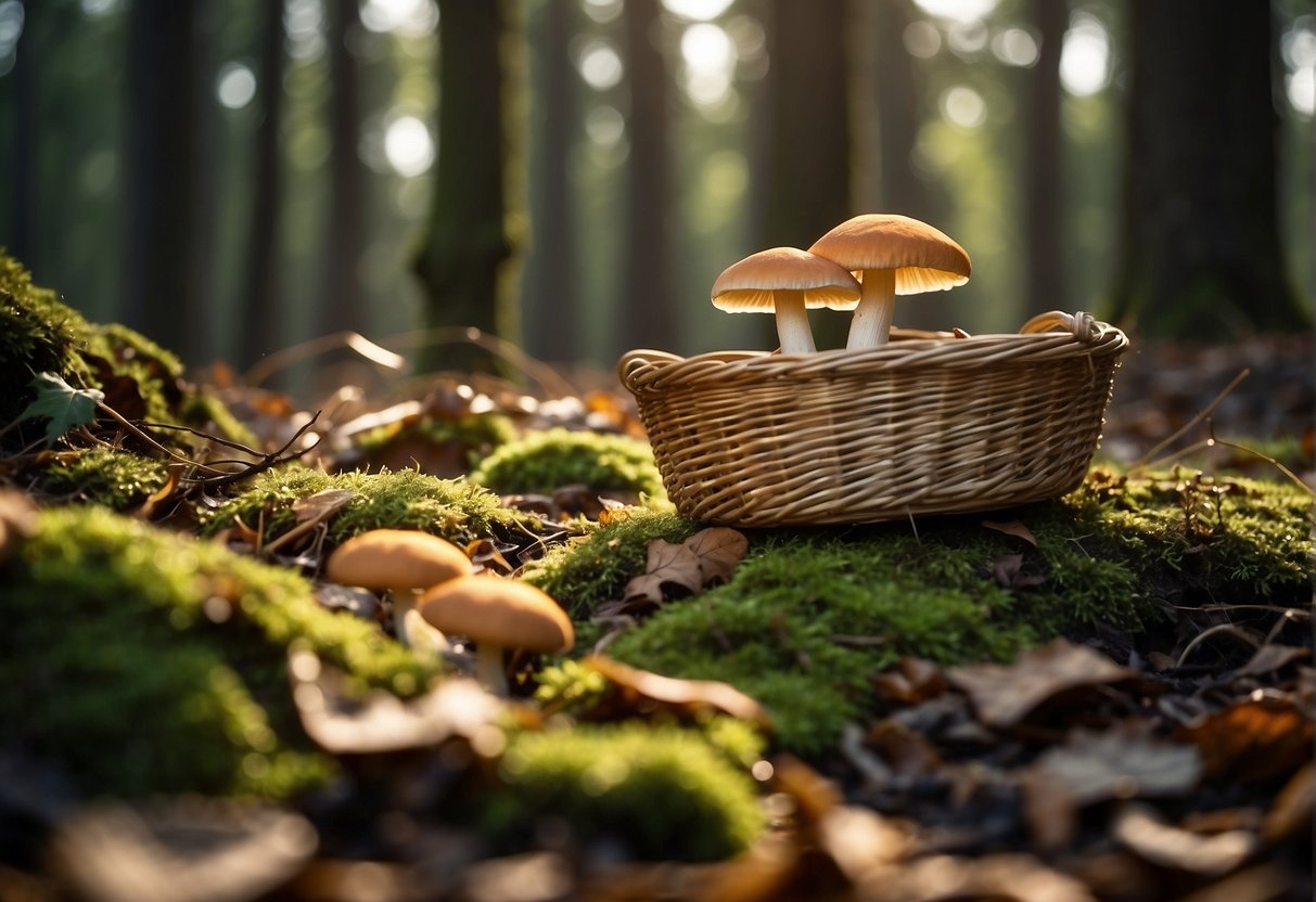 Mushroom foraging scene: forest floor, fallen leaves, diverse fungi, basket, knife, guidebook, cautious steps, gloves, and sunlight filtering through the trees