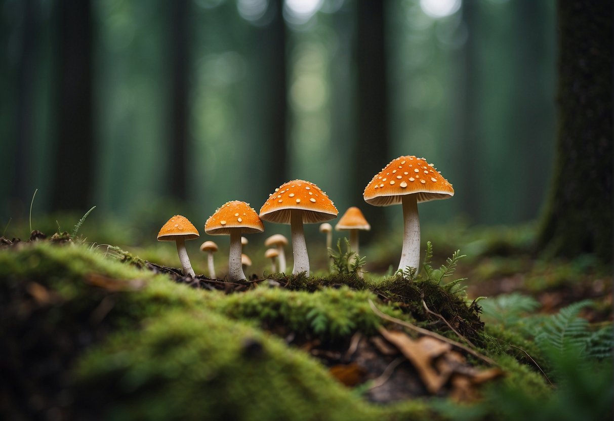 A variety of toxic and inedible mushrooms growing in a forest clearing