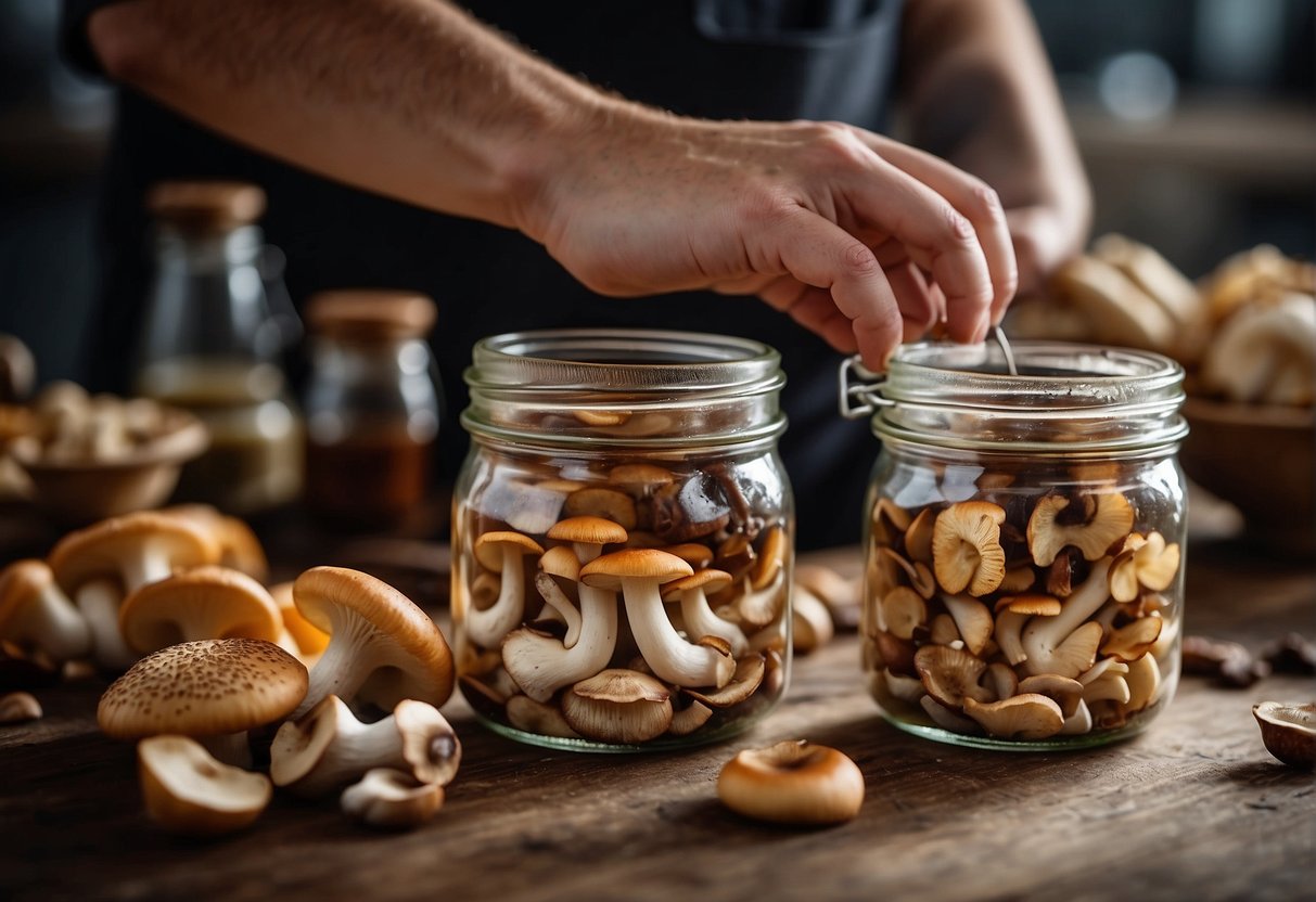 A chef slices and sautés a variety of edible mushrooms, then preserves them in jars