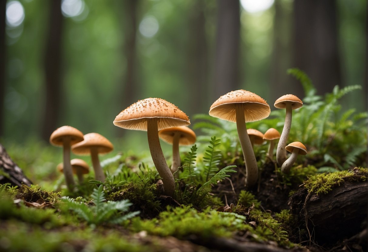 Lush forest floor with various edible Minnesota mushrooms in natural habitat
