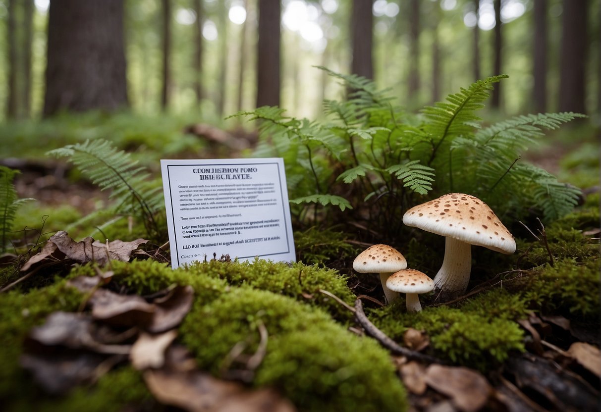 Lush forest floor with various mushroom species, a sign displaying foraging regulations, and a guidebook open to edible Minnesota mushrooms
