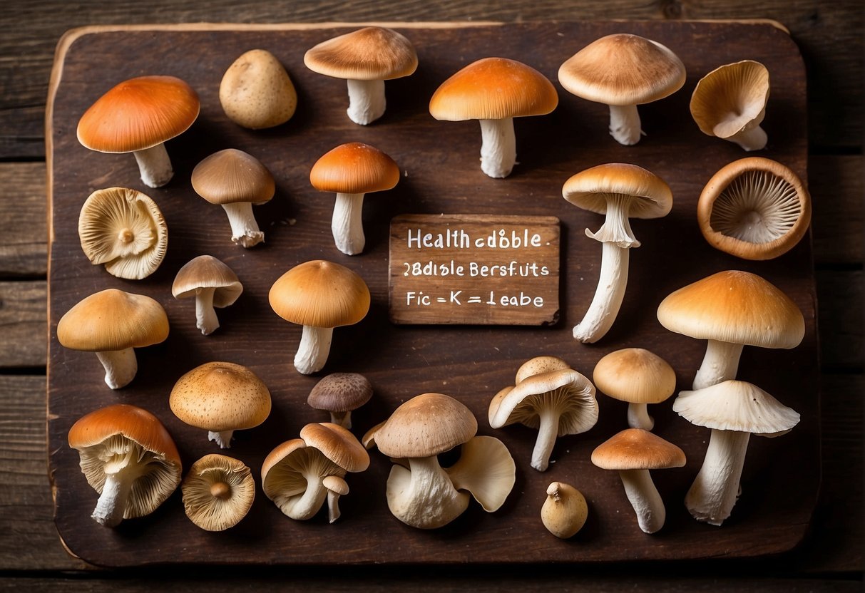 A variety of edible Minnesota mushrooms arranged on a rustic wooden table, with labels displaying their health benefits and nutritional information