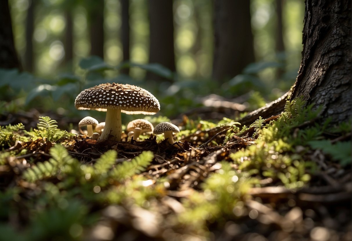 Lush forest floor in Ohio, scattered with morel mushrooms in various sizes and shades of brown. Sunlight filters through the trees, casting dappled shadows on the earth