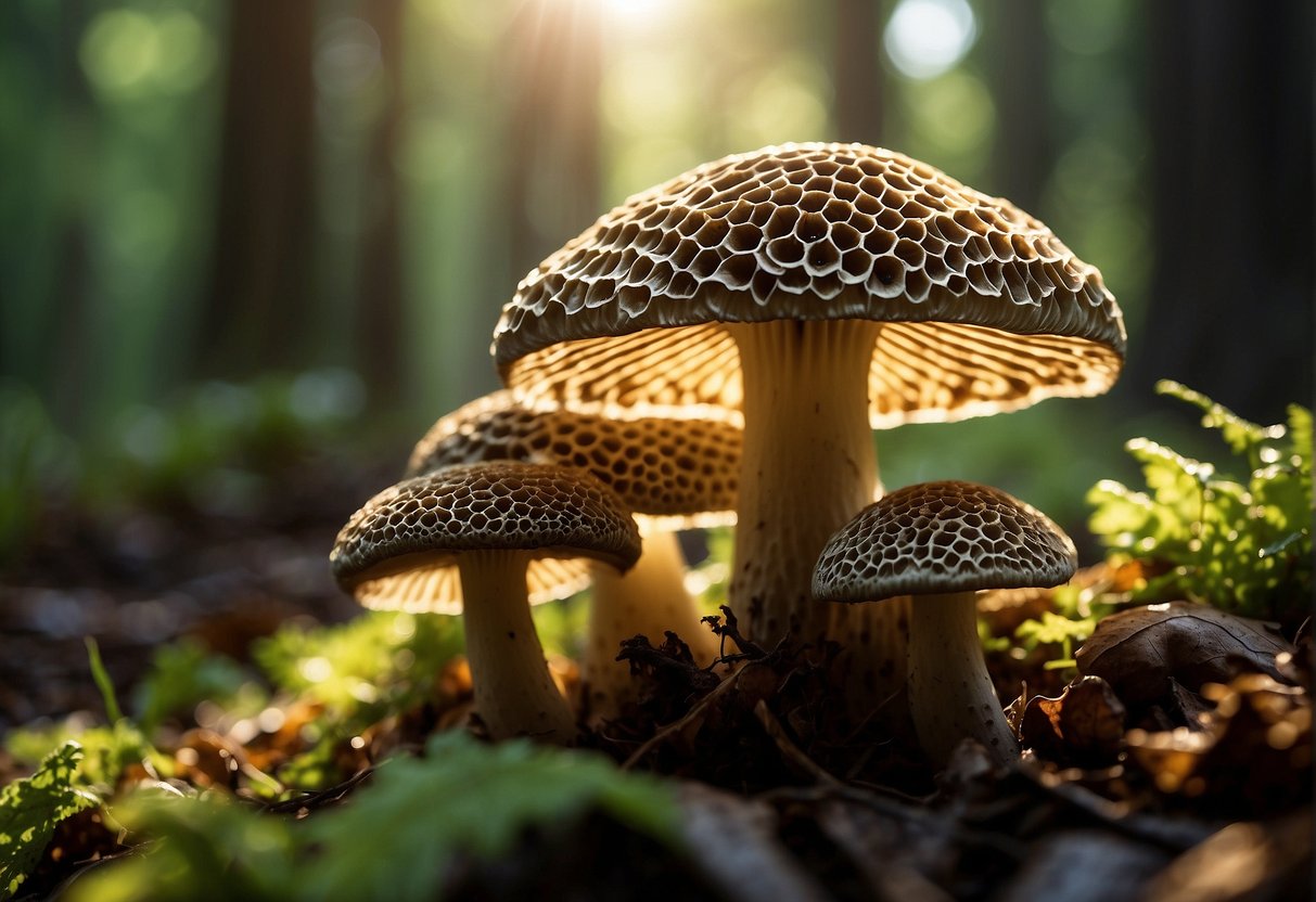 Sunlight filters through the dense forest canopy, illuminating the forest floor. Morel mushrooms emerge from the damp earth, their distinctive honeycomb caps standing out against the leaf litter