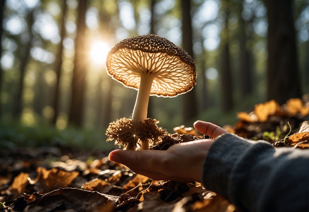 Sunlight filters through the forest canopy as a hand reaches for a morel mushroom growing among fallen leaves and twigs