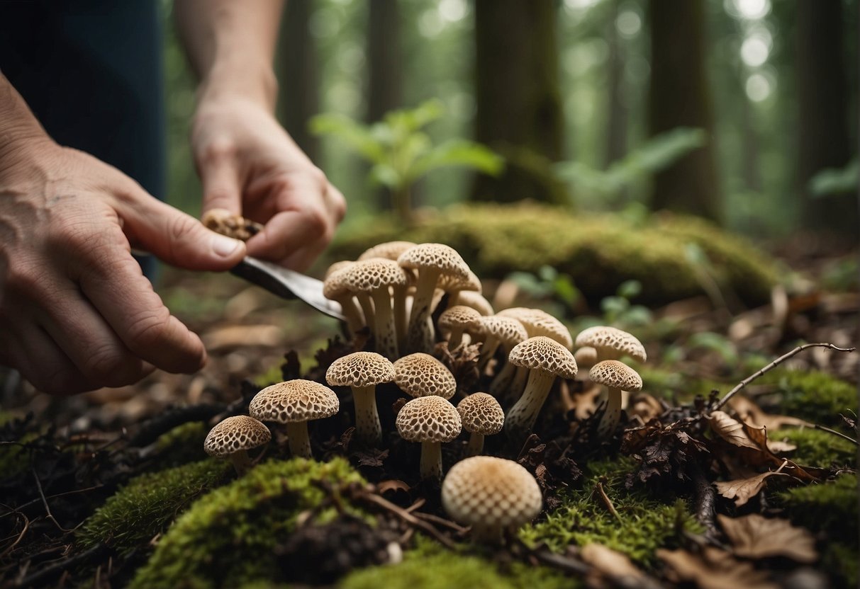 A hand reaches down to carefully pluck a cluster of morel mushrooms from the forest floor, while another hand gently brushes away dirt and debris to preserve their delicate texture