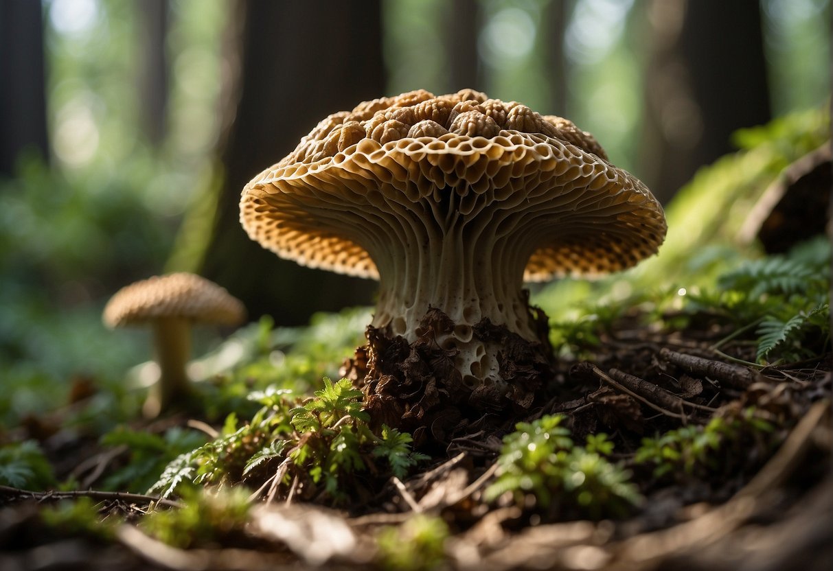 A cluster of himalayan morels sprout from the damp forest floor, their distinctive honeycomb caps reaching towards the dappled sunlight filtering through the dense canopy above