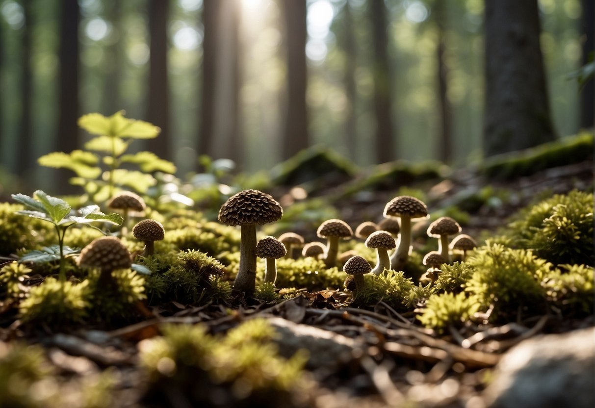 Lush forest floor with scattered Morels. Sunlight filters through the trees, casting dappled shadows. Misty mountains loom in the background