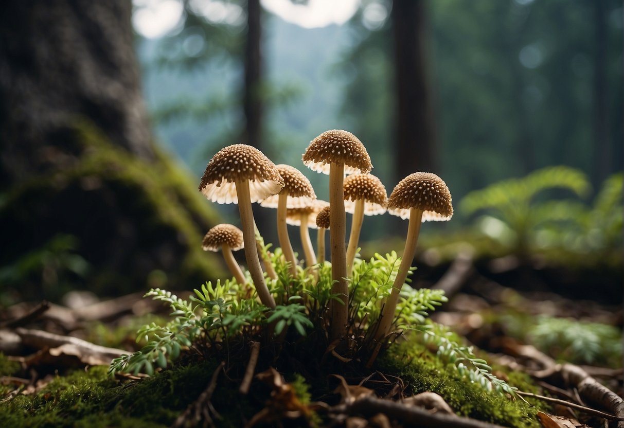 Lush Himalayan mountains with morel mushrooms sprouting from the forest floor