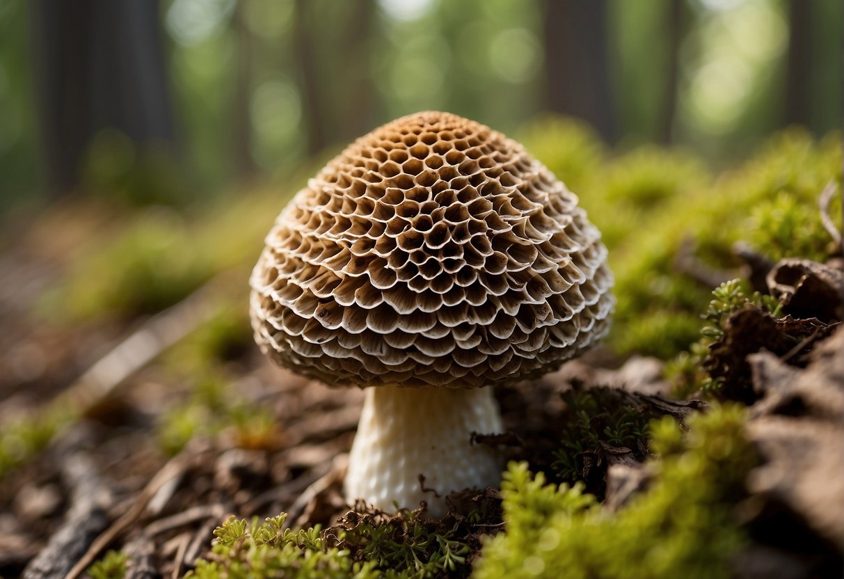 A cluster of conica morels emerge from the forest floor, their distinctive cone-shaped caps and honeycomb-like texture standing out against the earthy backdrop