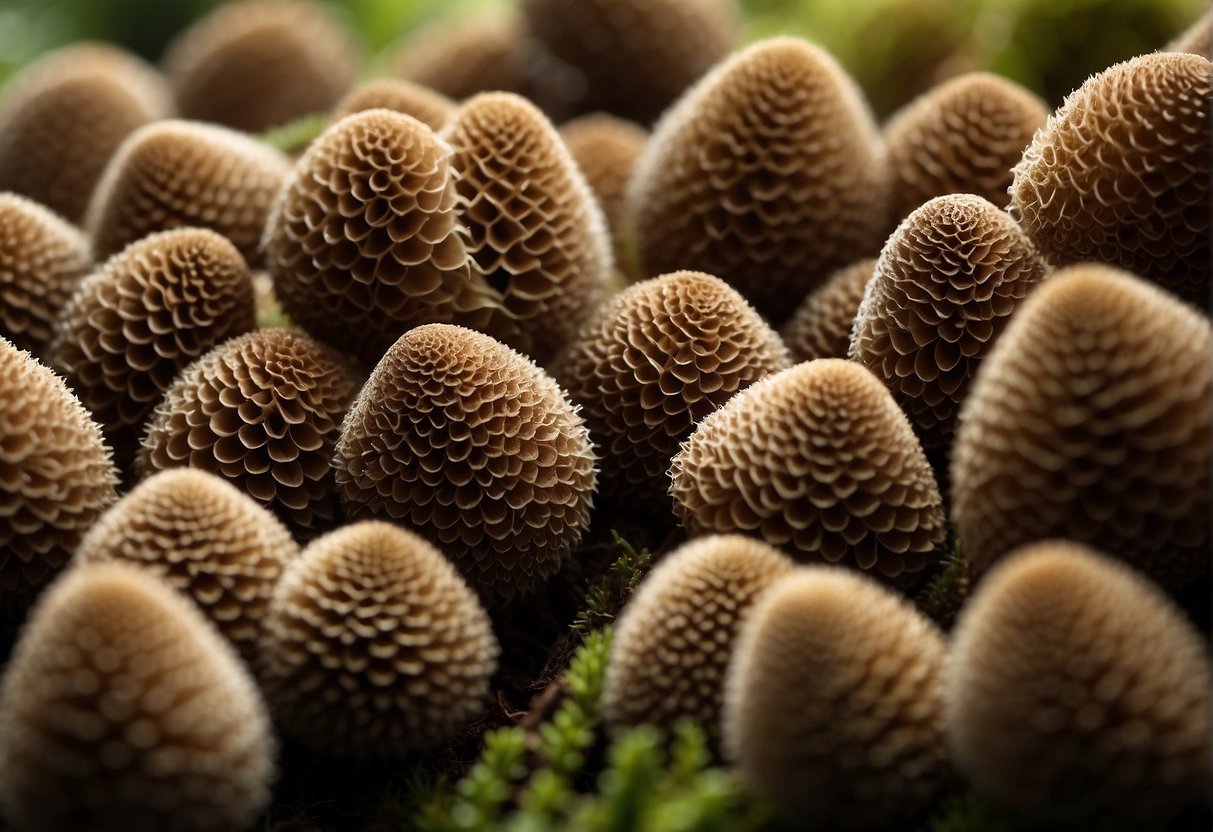 A close-up of conica morels showing their distinctive cap shape and stem structure