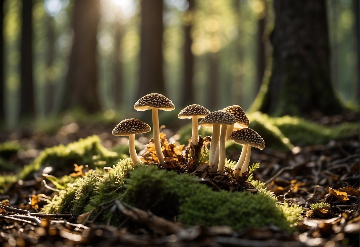 A forest floor with leaf litter and fallen branches, surrounded by tall trees and dappled sunlight. Morel mushrooms are scattered across the ground, with their distinctive conical shape and textured caps