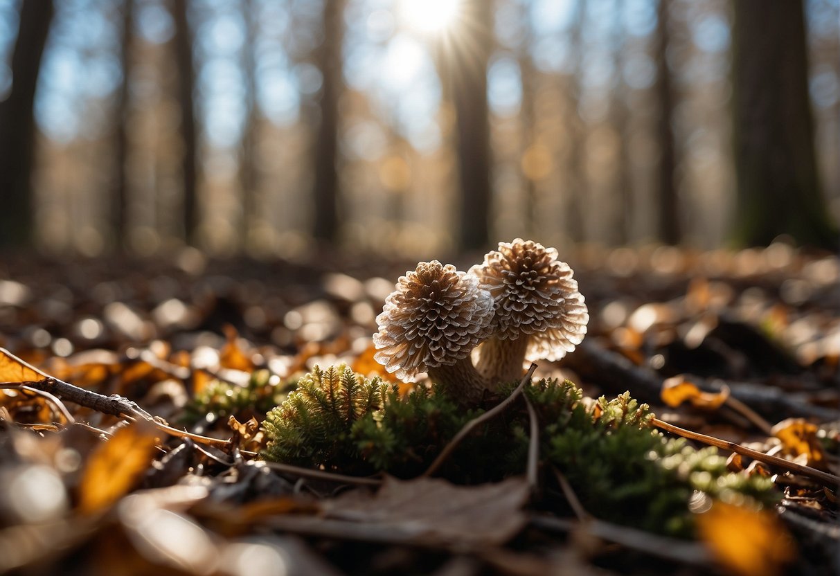 A cluster of frozen morel mushrooms glisten in the sunlight, nestled among the fallen leaves and twigs of the forest floor